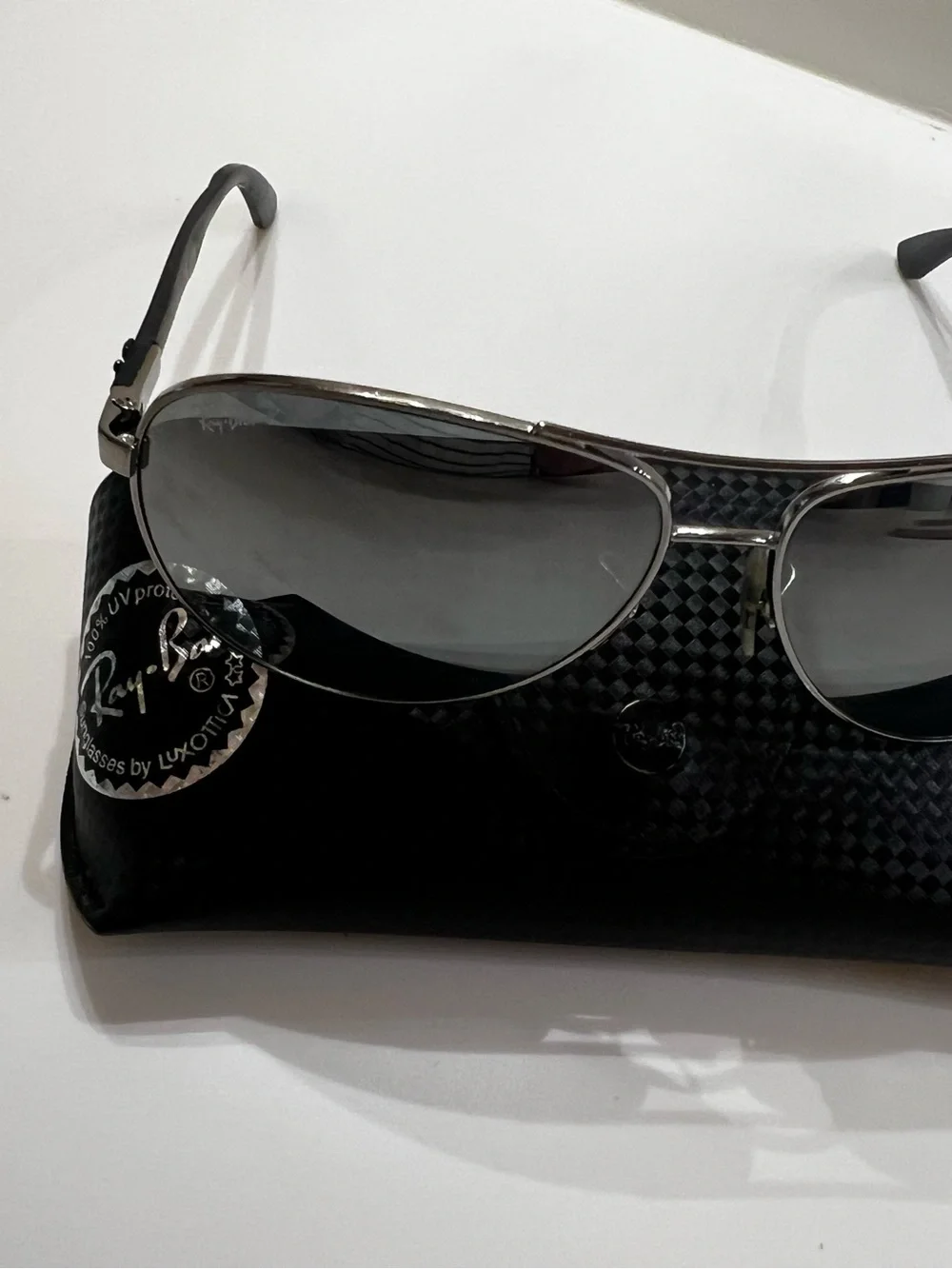 RAY-BAN AVIATOR MIRROR SUNGLASSES. GUNMETAL FRAME CUSTOM FIBRE LIKE NEW